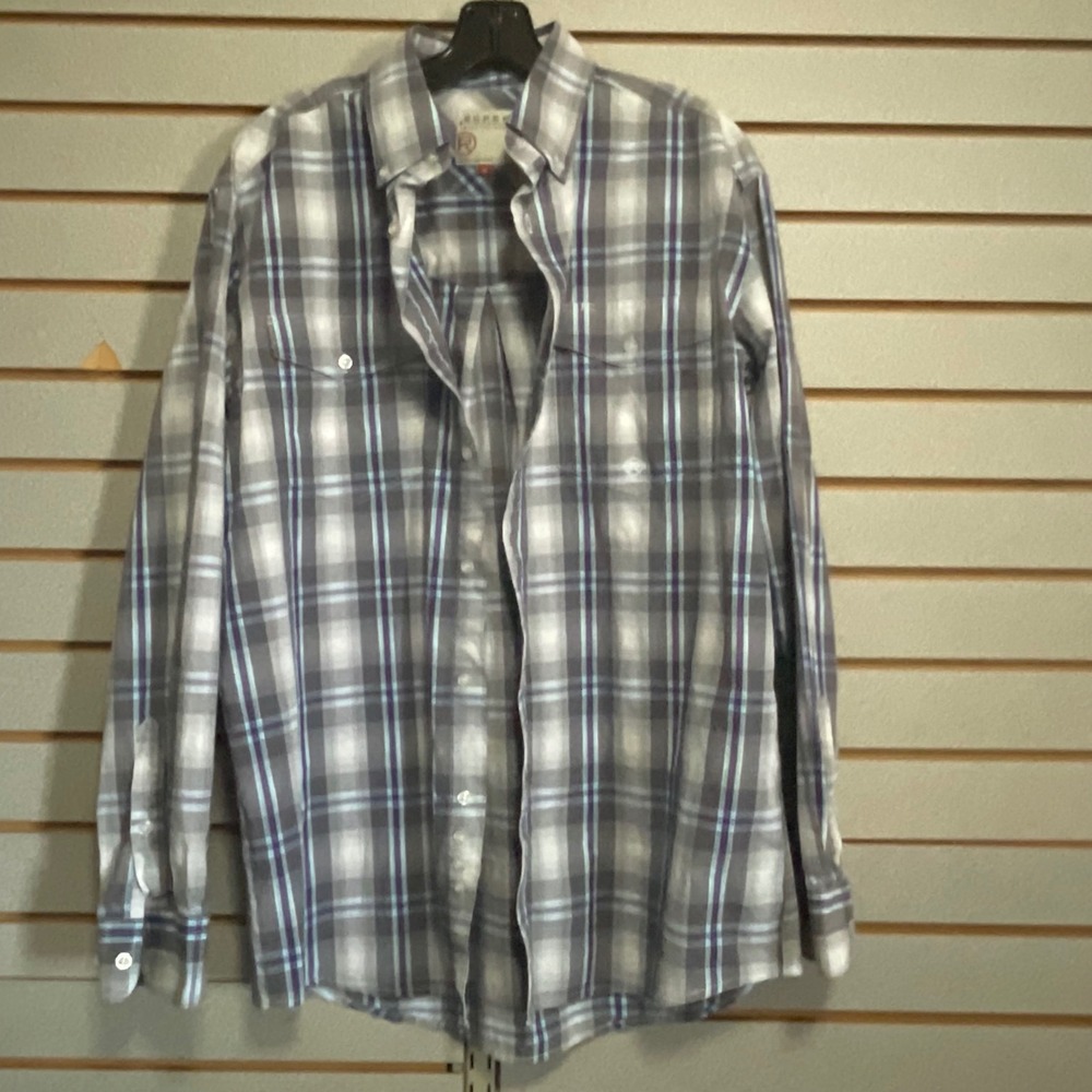 Roper Mens‎ Plaid Western Button Down Shirt Grey Blue Purple Long Sleeve Medium